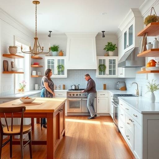 A bright and airy kitchen with open shelving showcasing seasonal decor and featuring a large island for food preparation and socializing.
