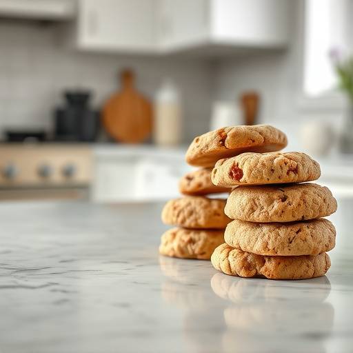 A close-up image of various types of cookies arranged on a clean, minimalist kitchen counter.