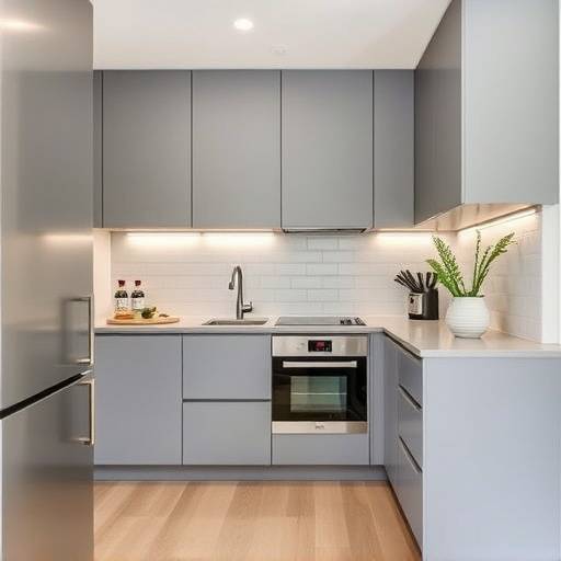 A compact urban kitchen in Pacific Heights featuring custom cabinetry, integrated appliances, and muted grey color palette.