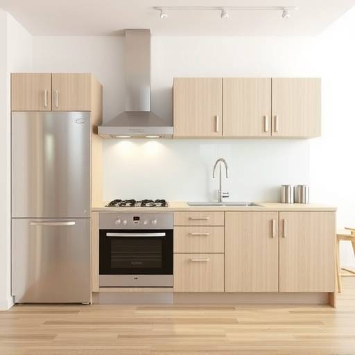 A minimalist kitchen design featuring stainless steel appliances and light wood cabinetry, emphasizing a clean and functional layout.