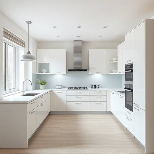 A modern kitchen design with a neutral color palette, symmetrical layout, and integrated appliances, emphasizing visual balance and clean lines.