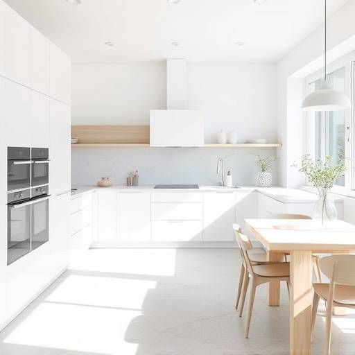A modern, minimalist kitchen with white cabinets, pale stone countertops, and sharp geometric lines. Natural light streams in from a large window, highlighting the clean design.