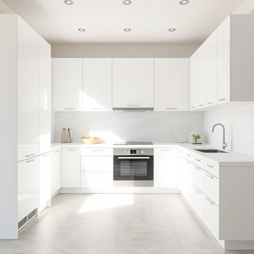 A modern minimalist kitchen with white cabinetry, pale stone countertops, and sharp geometric accents.