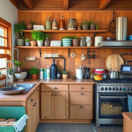 A sustainable kitchen in Marin County featuring recycled materials, energy-efficient appliances, and a composting system.