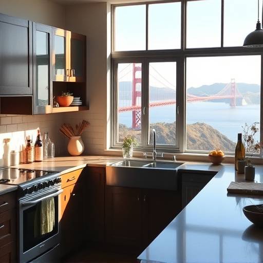 A wide shot of a kitchen featuring a large window overlooking the Golden Gate Bridge, showcasing the integration of natural light into the design.