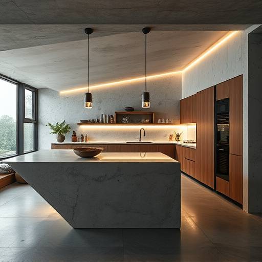 An architecturally designed kitchen with a unique angular layout, integrated lighting, and a combination of materials such as concrete and wood, showcasing a modern and artistic space.