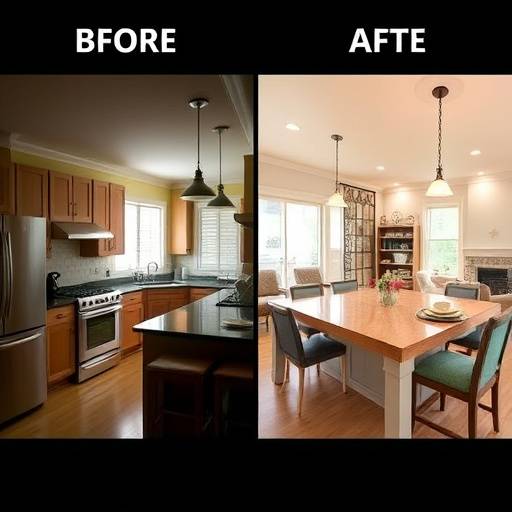 Before and after images of a kitchen renovation in Presidio Heights, showing the transformation from a dark, cramped space to a bright, open-concept kitchen.