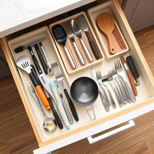 Detailed view of a drawer organizer featuring neatly arranged utensils and cooking tools, demonstrating minimal storage principles.